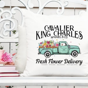 Cavalier King Charles dog flower delivery truck printable design with text and teal van