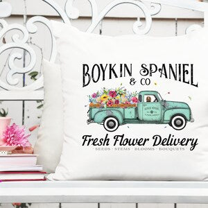Printable dog flower delivery truck design graphic with Boykin Spaniel text and flowers
