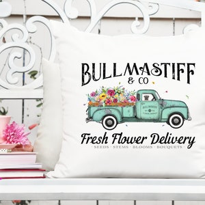 Bullmastiff flower delivery truck printable design with teal truck and colorful flowers