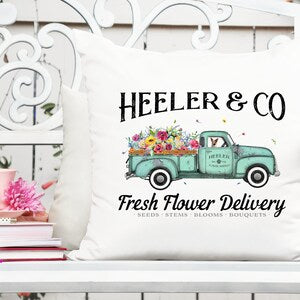 Flower delivery truck printable design with teal truck and floral bouquets, text HEELER & CO