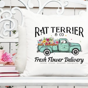 Printable rat terrier flower delivery truck graphic with colorful flowers and text