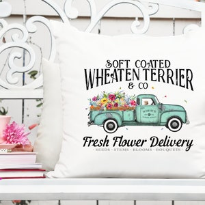 Printable graphic featuring a green flower delivery truck with wheat terrier and flowers