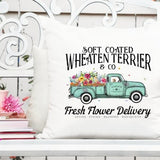 Printable graphic featuring a green flower delivery truck with wheat terrier and flowers