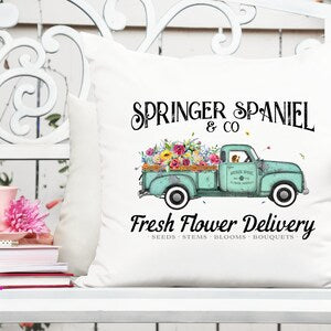 Printable dog flower delivery truck design: teal truck, flowers, and text graphic on white