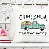 Chihuahua flower delivery truck printable design with teal van and floral bouquet text