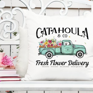 Flower delivery truck printable graphic with Catahoula & Co text and teal truck