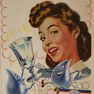 Vintage dish soap ad print with smiling woman and blue glassware illustrations