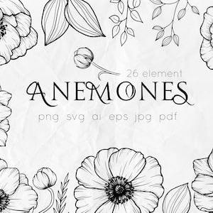 Poppy svg - Anemones flowers svg - Line art floral - Botanical svg - Floral svg - Vintage flowers svg - Wedding DIY - Outline flowers