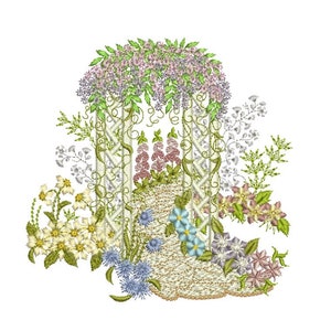 Floral garden arch embroidery design with pastel flowers, vines, and green leaves
