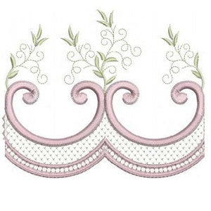 Embroidered border motif with pink scallops, vine leaves, and swirling filigree on white