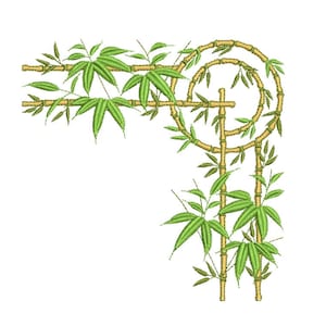 Bamboo corner embroidery motif with green bamboo stems, leaves, and gold circular accents