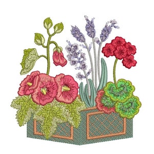 Machine embroidery design of colorful flowers in a wooden crate