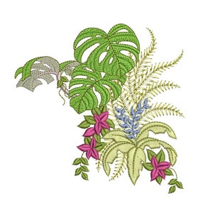 Embroidered foliage motif by Sue Box with green leaves, ferns, blue accents, and purple flowers
