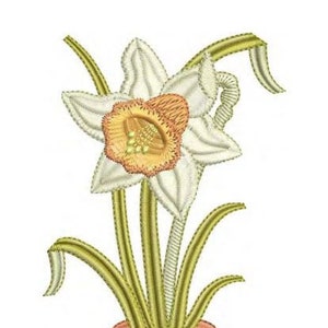 Embroidered daffodil motif with white petals, orange center, and green ribbon stems