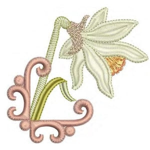 Daffodil flower embroidery motif with pale petals, green stem, orange center, pink scrolls