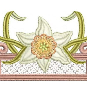 Daffodil flower border embroidery motif with gold vine and pink swirls, centered bloom