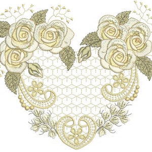 Embroidered heart motif with cream roses, gold leaves, and pearl trim detail