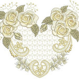 Embroidered heart motif with cream roses, gold leaves, and pearl trim detail