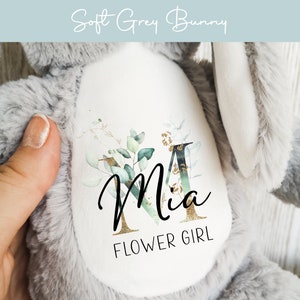 Personalised plush teddy gift with embroidered name Mia and “FLOWER GIRL”