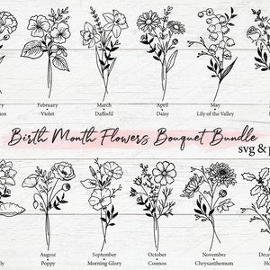 Botanical line-art month flowers svg bundle with bouquet design and month names