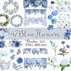 Watercolor blue floral clipart bundle with wreaths, bouquets, and flower elements