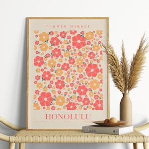 Framed flower market botanical art print with coral-pink floral collage, "Honolulu" text