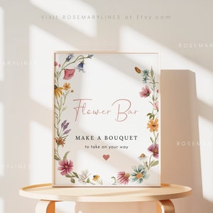 Floral wedding sign template card with 'Flower Bar' text and bouquet border