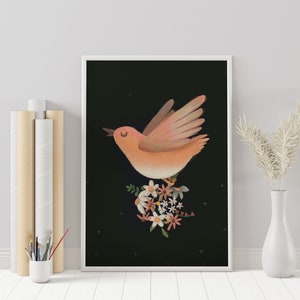Bird wall art print with pink-winged bird and floral bouquet in a framed poster