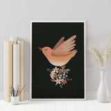 Bird wall art print with pink-winged bird and floral bouquet in a framed poster