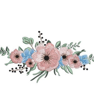 Floral machine embroidery design with pink and blue blossoms, leaves, and stems