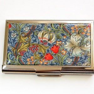 Blue floral mosaic business card holder with metallic frame and hinged front