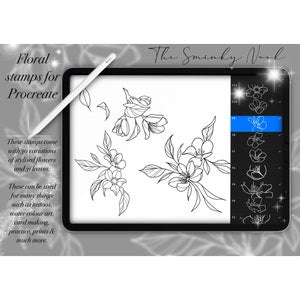 Floral Procreate brush set with line-art flower stamp designs in a card preview
