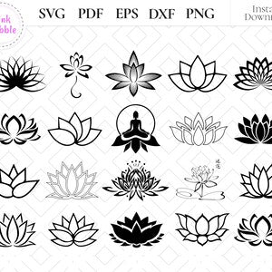 Lotus flower SVG set with black lotus silhouettes, line and filled zentangle styles.