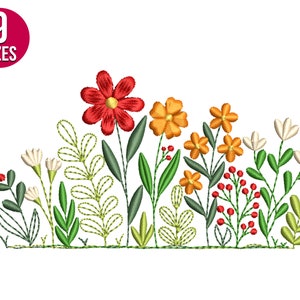 Wildflowers embroidery design with red, yellow, and orange flowers, green stems and leaves