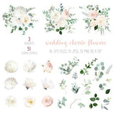 Blush pink rose and sage greenery, ivory peony, magnolia, beige dahlia, ranunculus flowers, eucalyptus vector collection. Floral pastel