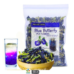 Herbal butterfly pea flower tea bag in a stand-up pouch with dried blue blossoms