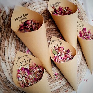 Kraft paper wedding confetti cones with dried flower mix and initials on labels