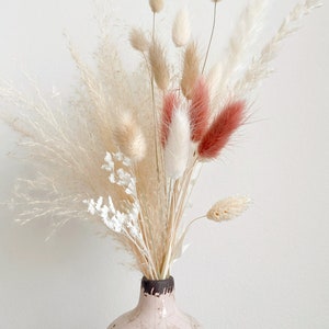 Mini dried floral bouquet with cream grasses, small white blooms, and red feathery accents