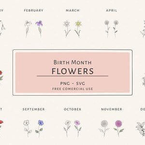 Birth month flowers banner with floral icons and text: PNG-SVG, free commercial use
