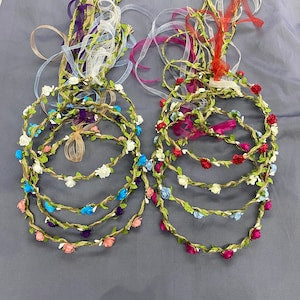 Floral hair crown headband with intertwined vines and small multicolor blossoms