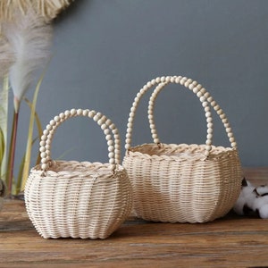 Woven flower girl basket set of two with wicker body and bead handles