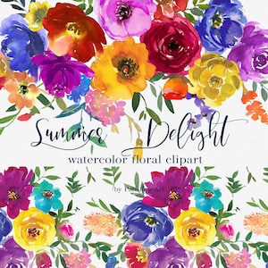Colorful watercolor flower clipart pattern with layered blooms, seamless-style wreath design