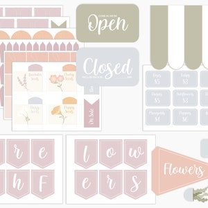 Dramatic play florist printable signs and bunting reading Open/Closed and Flowers