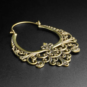 Brass floral filigree plug hoop earrings with curved open hoop design