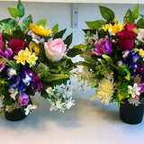 2 x Cemetery Grave Memorial Window Sill Artificial Flower Pot Vibrant Flowers. Flat Backed . Weighted Pots. Flowers glued firmly into place