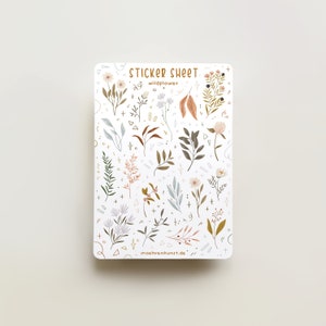 Wildflower sticker sheet with pastel flowers and leaves on a white backing card