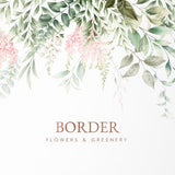 Floral border, Greenery Foliage Border, Green leaves & Pink flowers, Wedding invite card, Digital floral clipart PNG, Digital download