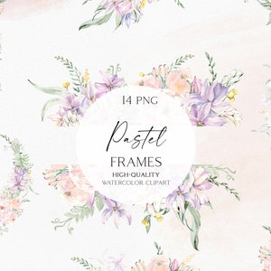 Pastel watercolor flower frame clipart with pink and lavender blooms and leafy accents