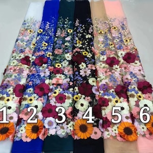 Colorful 3D flower lace tulle fabric with embroidered blooms on dark and blue base