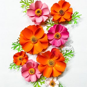 Cosmos mini paper flower template preview with pink and orange blooms and green leaves
